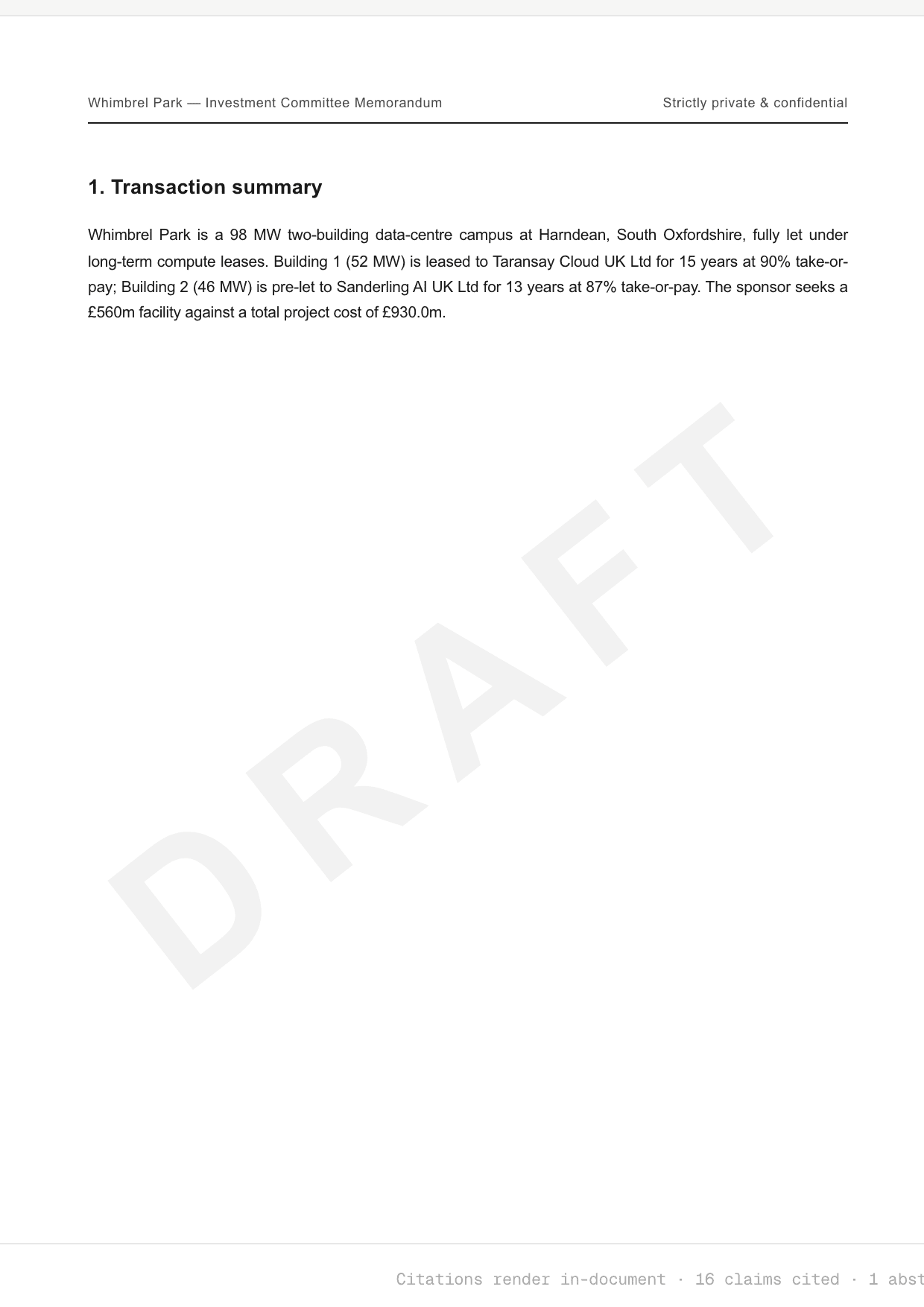 The Document Builder's A4 register preview: per-section provenance statuses before export.