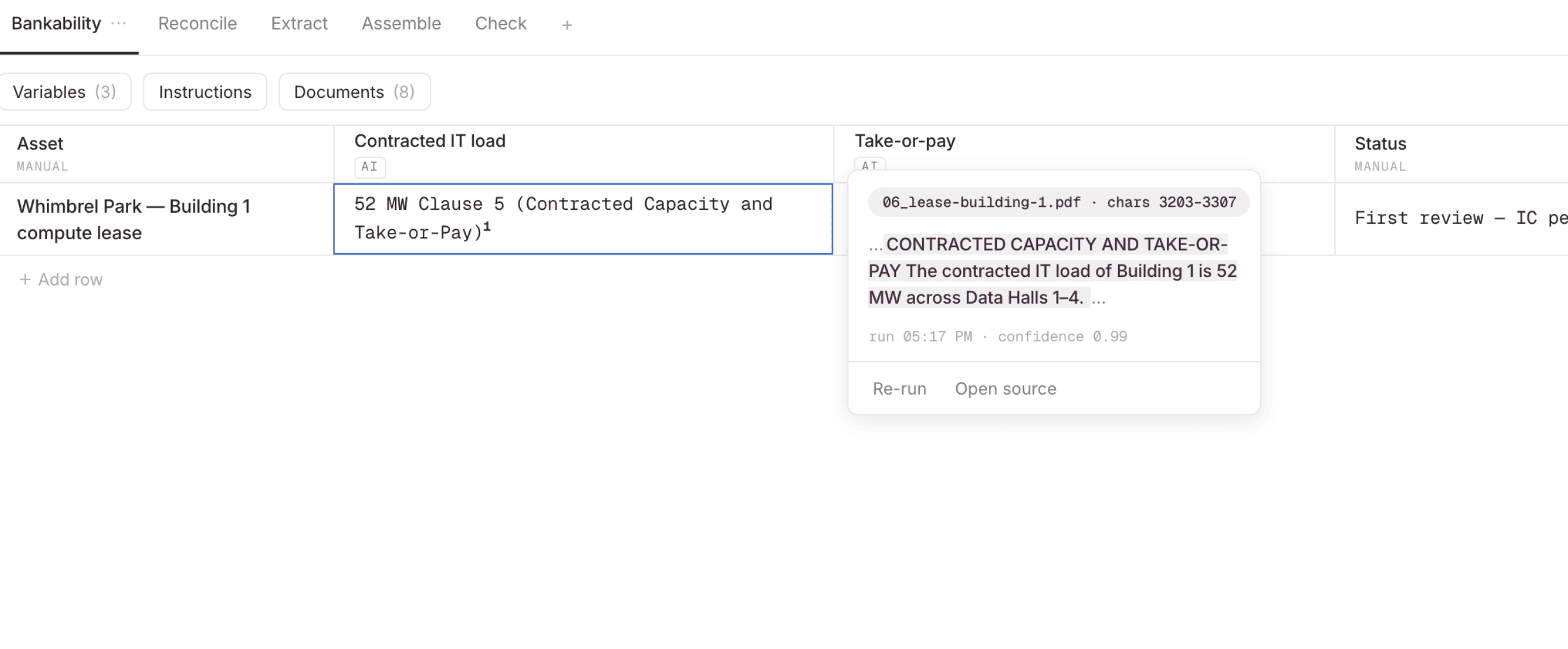 A cited cell's source popover: the exact span highlighted in the source document, with run metadata and Re-run.