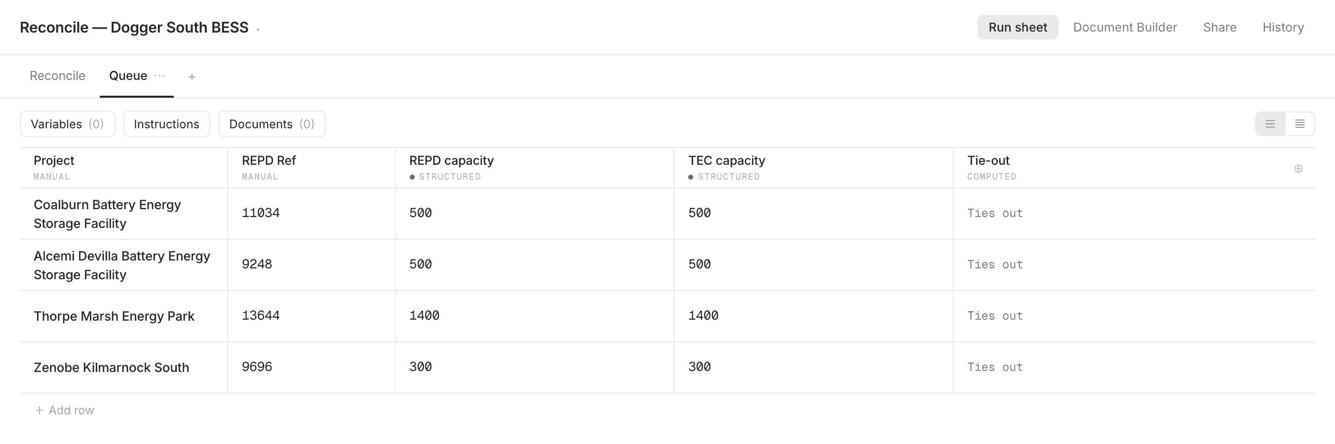 A Linth sheet with structured columns filled from the live UK registers, every call logged.